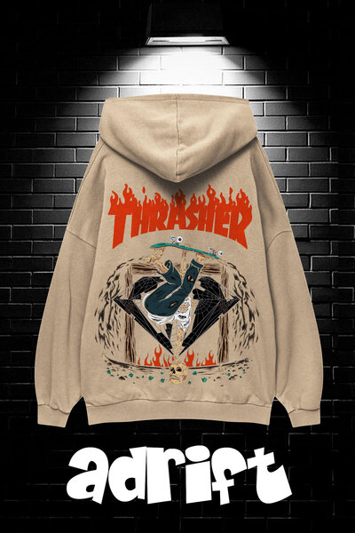 Yasolin Unisex Oversize Kapüşonlu Kanguru Cepli Thrasher Baskılı Sweatshirt H...