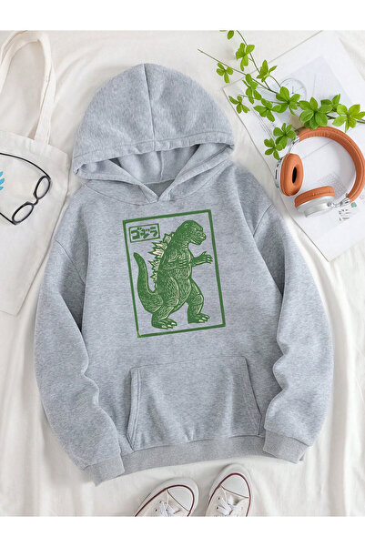 Yasolin Hanorac unisex supradimensionat cu buzunar cangur, imprimeu Goodzila,...