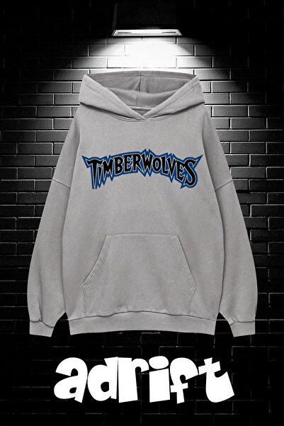 Yasolin Unisex Oversize Kapüşonlu Kanguru Cepli Timberwolves Baskılı Sweatshi...