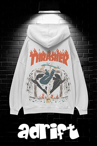 Yasolin Unisex Oversize Kapüşonlu Kanguru Cepli Thrasher Baskılı Sweatshirt Hoodie Beyaz