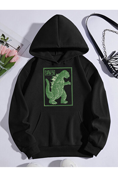 Yasolin Unisex Oversize kroj Sa kapuljačom Kengur džep Goodzila Štampano Crna