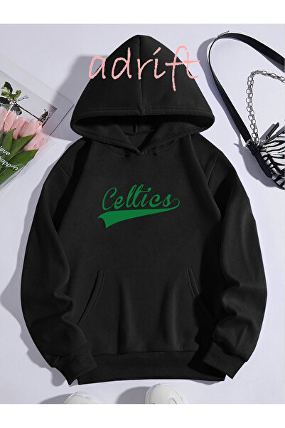 Yasolin Unisex Oversize Kapüşonlu Kanguru Cepli Celttics Baskılı Siyah