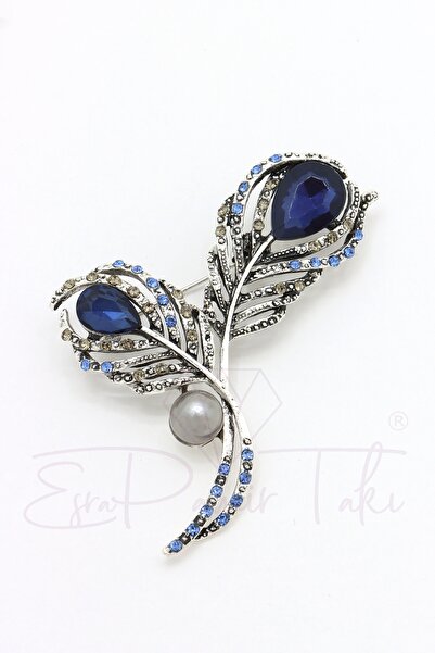 Esra Pamir Lacivert Kristal Ve Zirkon Taşlı Incili Yaprak Broş Ve Kolye Ucu
