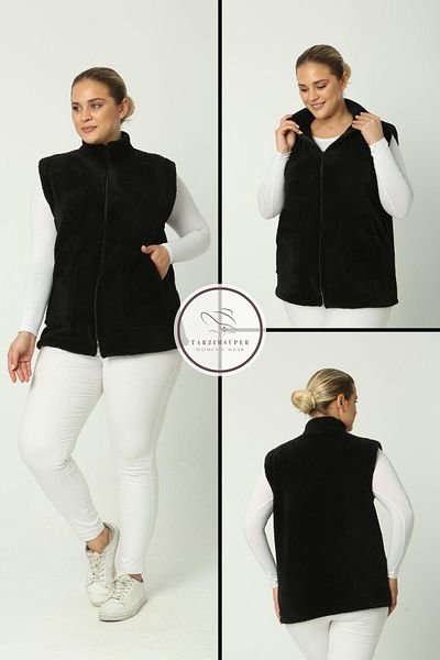 tarzımsüper Large Size New Season Warm Plush Vest Zippered 2 Pockets Comfort Model Knitted Fleece Vest