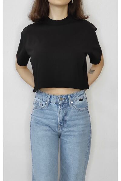 Bomenti Life Women's Black Crop Stand Collar 100% Cotton Short Sleeve T-shirt