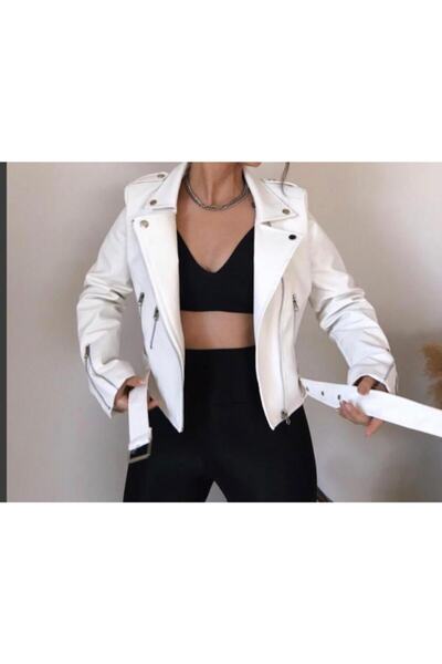 Mulunstyle Γυναικείο δερμάτινο μπουφάν εκρού με λεπτομέρεια φερμουάρ και ζώνη