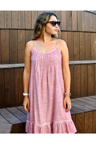 Bohemian Women's Pink Natural Cotton Woven Strap Dress