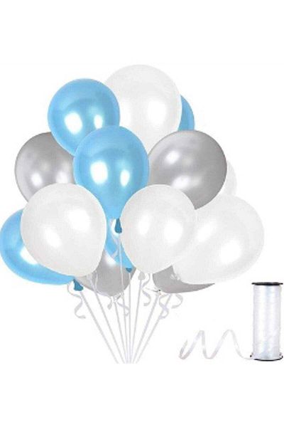 RÖNESANS PARTİ 25 Party Balloons Light Blue - White - Silver Metallic Balloon
