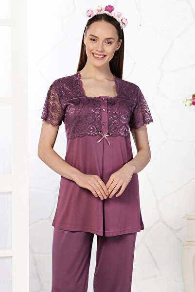 Emose طقم بيجامة للحوامل من الدانتيل البرقوق للسيدات