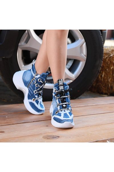 StarBlueMooN Women's Blue Lace-up Denim Boots