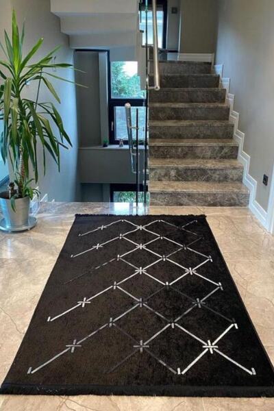 Just Arte Kardelen Siyah Inci Salon Halısı Makinada Yıkanabilir Kaymaz Mutfak...