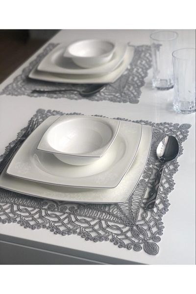 WENESSİ Honeycomb Pattern Anglez Cordone Embroidered Tulle Charger Set of 6