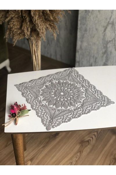 WENESSİ Honeycomb Pattern Anglez Corded Embroidered Tulle Coffee Table Cover Set of 6
