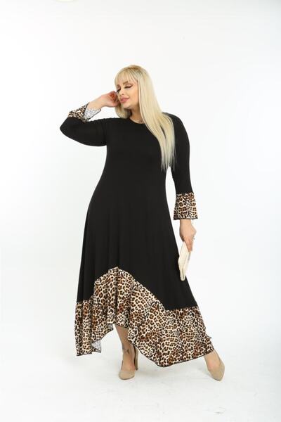 ModaSehle Kadın Siyah Leopar Desenli Büyük Beden Elbise 11elb974