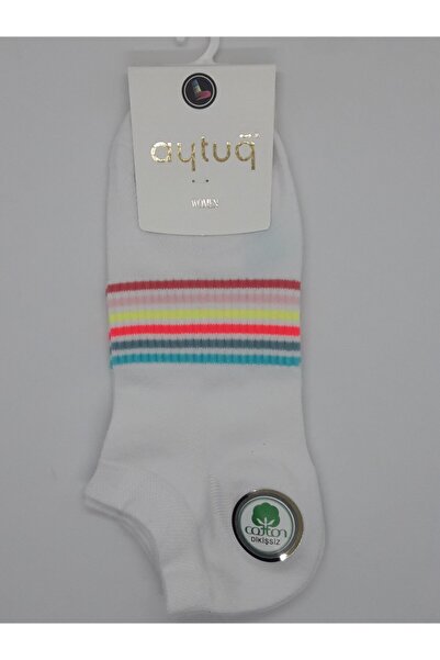 Aytuğ Gökkuşağı Desenli Çizgili Dikişsiz Spor Kısa Patik Bilek Boy Çorap Beyaz