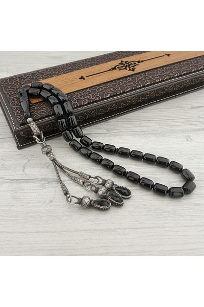 Tesbihsepetim Black Tasseled Kazaz - Fire Amber Prayer Beads, Capsule Cut