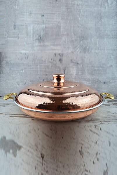 Zugazo Dövme Bakır Pirinç Kulplu Kapaklı Saç Tava 37 Cm