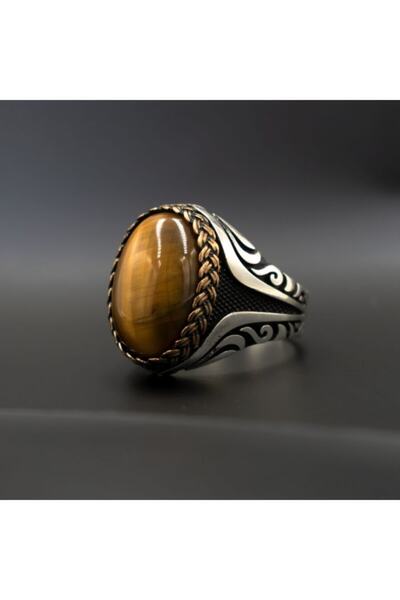 Takılingo 925 Ayar Gümüş Kaplan Gözü Taşlı Erkek Yüzük