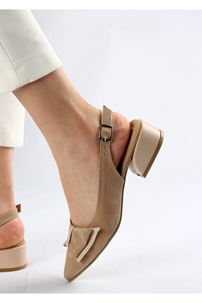 FORS SHOES Women's Beige Suede Bow Open Back Short Heeled Shoes 3.5 cm