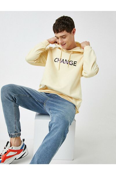 Koton Men's Yellow Text Printed Hooded Long Sleeve Sweatshirt
