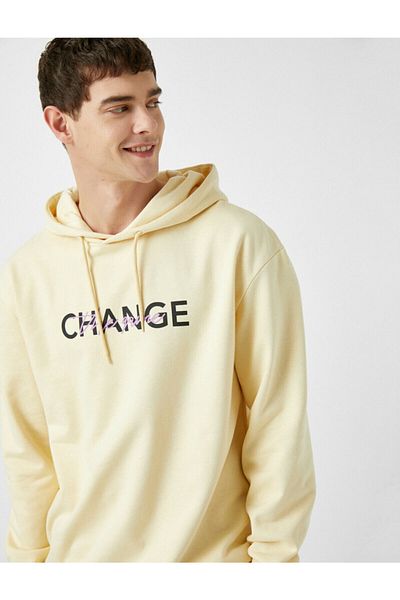 Koton Men's Yellow Text Printed Hooded Long Sleeve Sweatshirt