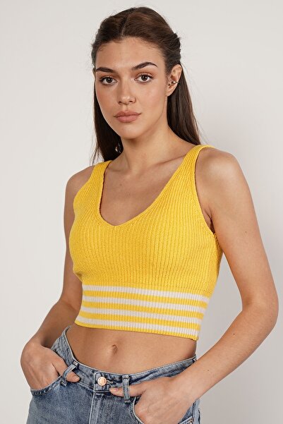 Trist Star Galben 100% bumbac organic Lycra Crop Tricoturi Bluză tricotată pe...