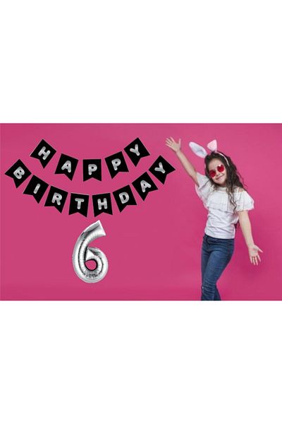 Ekin Süs Ασημένιο πανό Happy Birthday με μπαλόνι 6 ετών