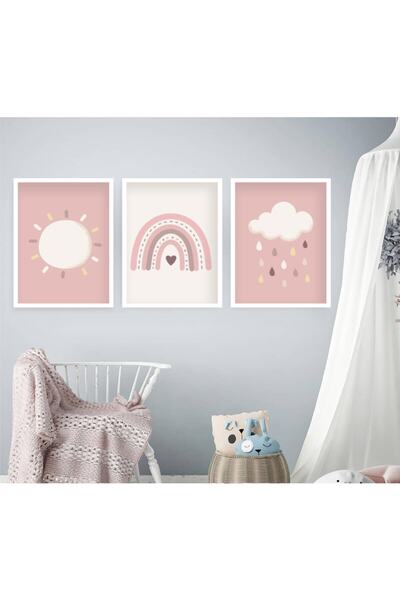 Ya&mu Tablosetleri 3 Adet 33 X 44cm Büyük Boy Beyaz Çerçeveli Bebek, Çocuk Odası Tablo Seti