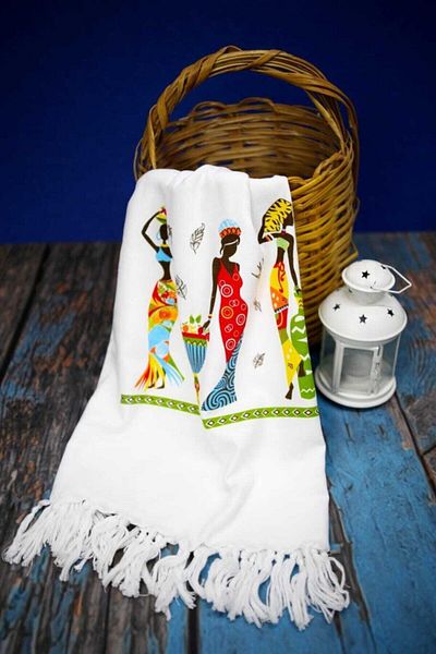 KISAYOL - Şal Peshtemal alb cu model Black Girl, prosop de plajă 90 x 180 bambus imprimat