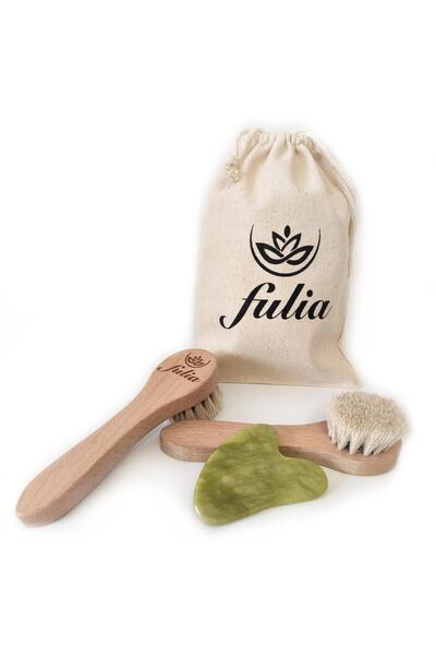 Fulia Sertifikalı Yeşim Taşı Gua Sha Ve %100 Doğal At Kılı Yüz Fırçası 2'li C...