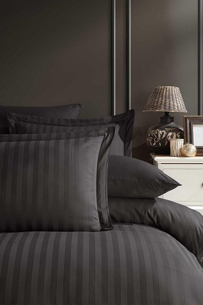 İyi Geceler İstanbul Stripe Satin Double Duvet Cover Set Smoked