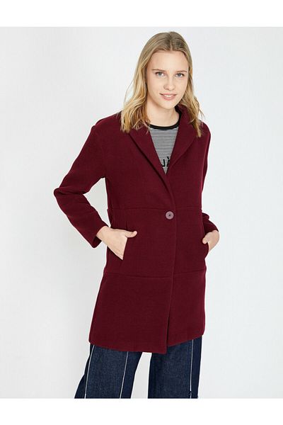 Koton Women's Claret Red Button Detailed Pocket Detailed Classic Collar Coat 9KAK06262EW
