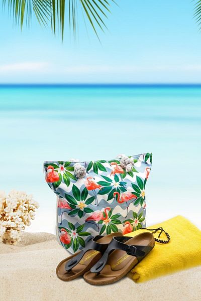 Moda1001 Γυναικεία αδιάβροχη τσάντα παραλίας με πράσινη στάμπα Flamingo