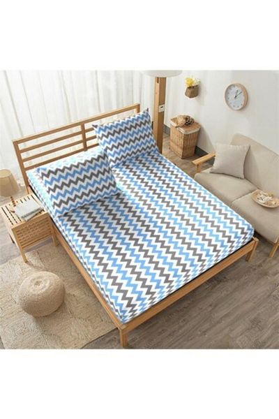 mer-tim ezberbozan ev tekstili Mer-tim Cotton Ranforce Double Jumbo Size 200x200 Elastic Sheet Set - Blue Zigzag Pattern