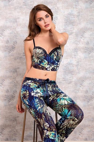 Anıl Women's Navy Blue Floral Viscose Push Up Bralet Pajama Set 4152
