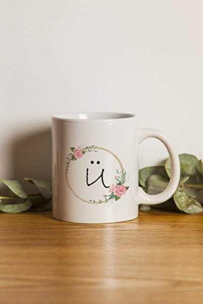 Generic Brand Porcelain - Iqra - Circle Floral Letter Ü Mug Cup. .