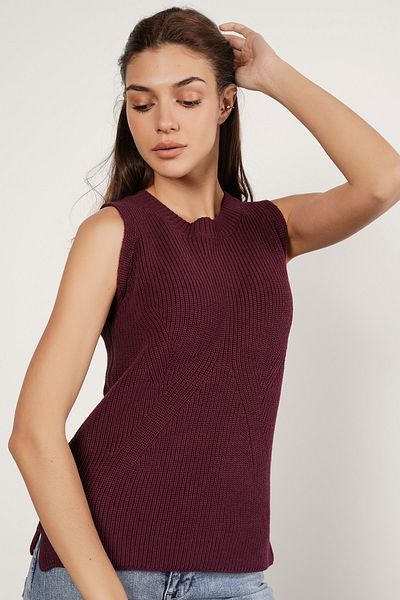 Trist Star Claret Red 100% Organic Cotton Thessaloniki Knit Slit Crew Neck Knitwear Sweater Blouse
