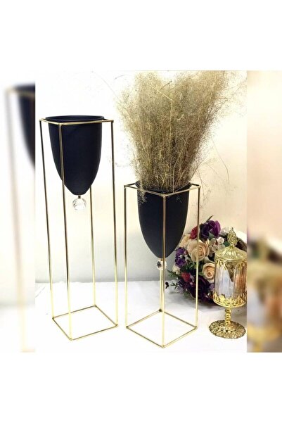 EVİNİZİNRİTMİ Siyah Metal Ayaklı Dekoratif 2'li Saksı Vazo