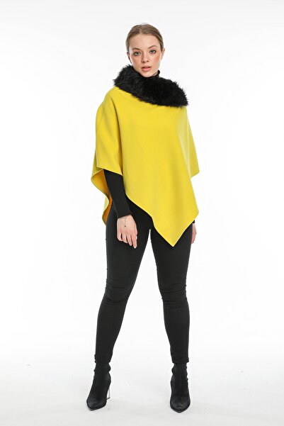 Pitti Kadın Canlı Sarı Kürklü Panço 70057