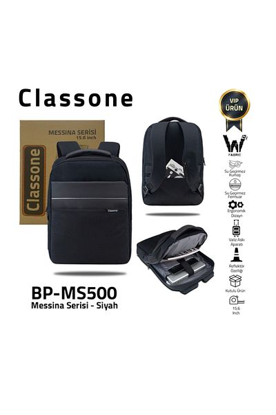 Classone ميسينا Bp-ms500 15حقيبة ظهر للكمبيوتر المحمول من القماش المقاوم للماء بسحاب مقاس 6 بوصات - أسود