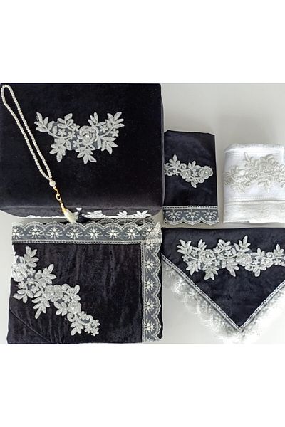 Lamazihome Luxury Black Prayer Rug Set with Storage Prayer Rug Set Bride Groom Bundle Dowry Set