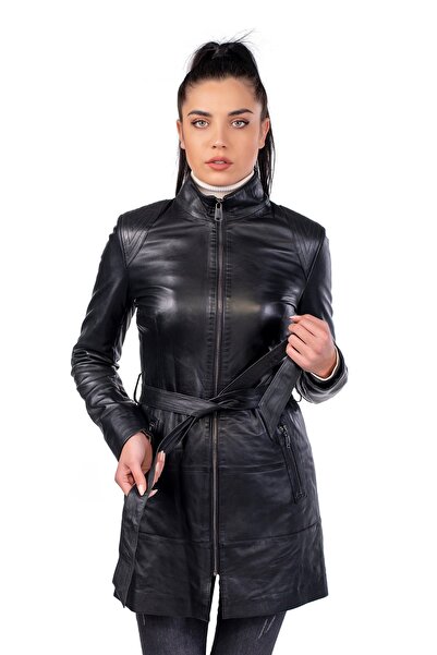 BATU DERİ Kadın Siyah Hakiki Deri Pardesü