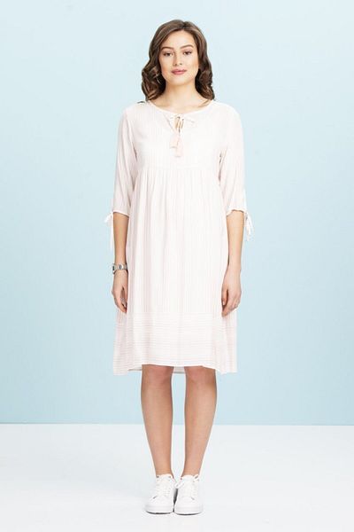 Even Fashion Hamile Giyim Pink Striped Short Maternity Dress with Tassel Collar