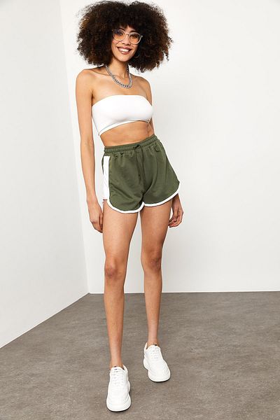 XHAN Women's Khaki Side Stripe Detailed Shorts