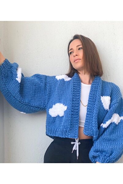 ORGANICMIRA Kadın Bulut Desenli, Bulutlu Oversize Örgü Ceket, Hırka