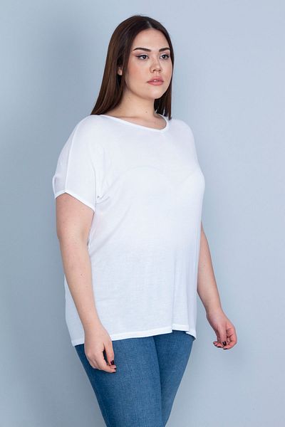 Şans Women's Large Size Bone Thin Viscose Fabric V-Neck Low Sleeve Blouse 65n23663