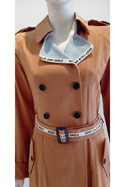 Kayra Four Button Belted Written Trench Coat