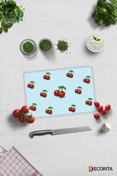 Decorita Blue Textured Cherry Pattern |   Glass Cutting Board - Glass Cutting Board |   20cm X 30cm