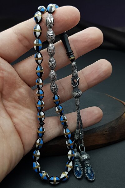OTTOTESBİH Gümüş Kazaz Püsküllü Gümüş Harfli 7x11mm Mavi Mine Işlemeli Kuka T...