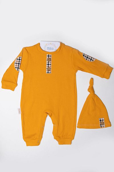 Mika Bebek & Çocuk Plaid Patterned Baby Boy Ribbed Fabric Mustard Jumpsuit with Hat